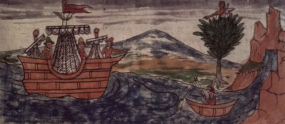 An Indian spy observes the arrival of a Spanish ship on the Mexican coast